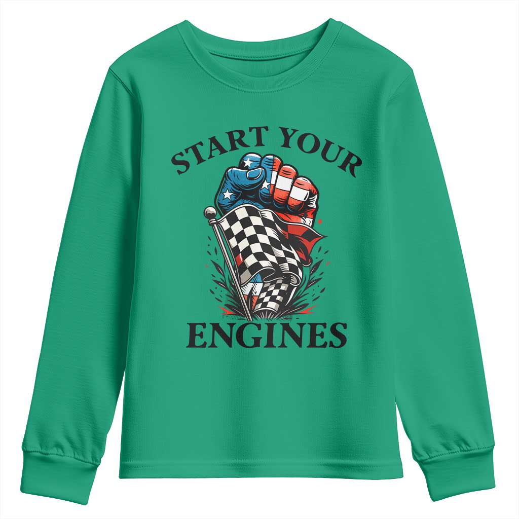 Checkered American Flag Racing Youth Sweatshirt Start Your Engines Race Car - Wonder Print Shop