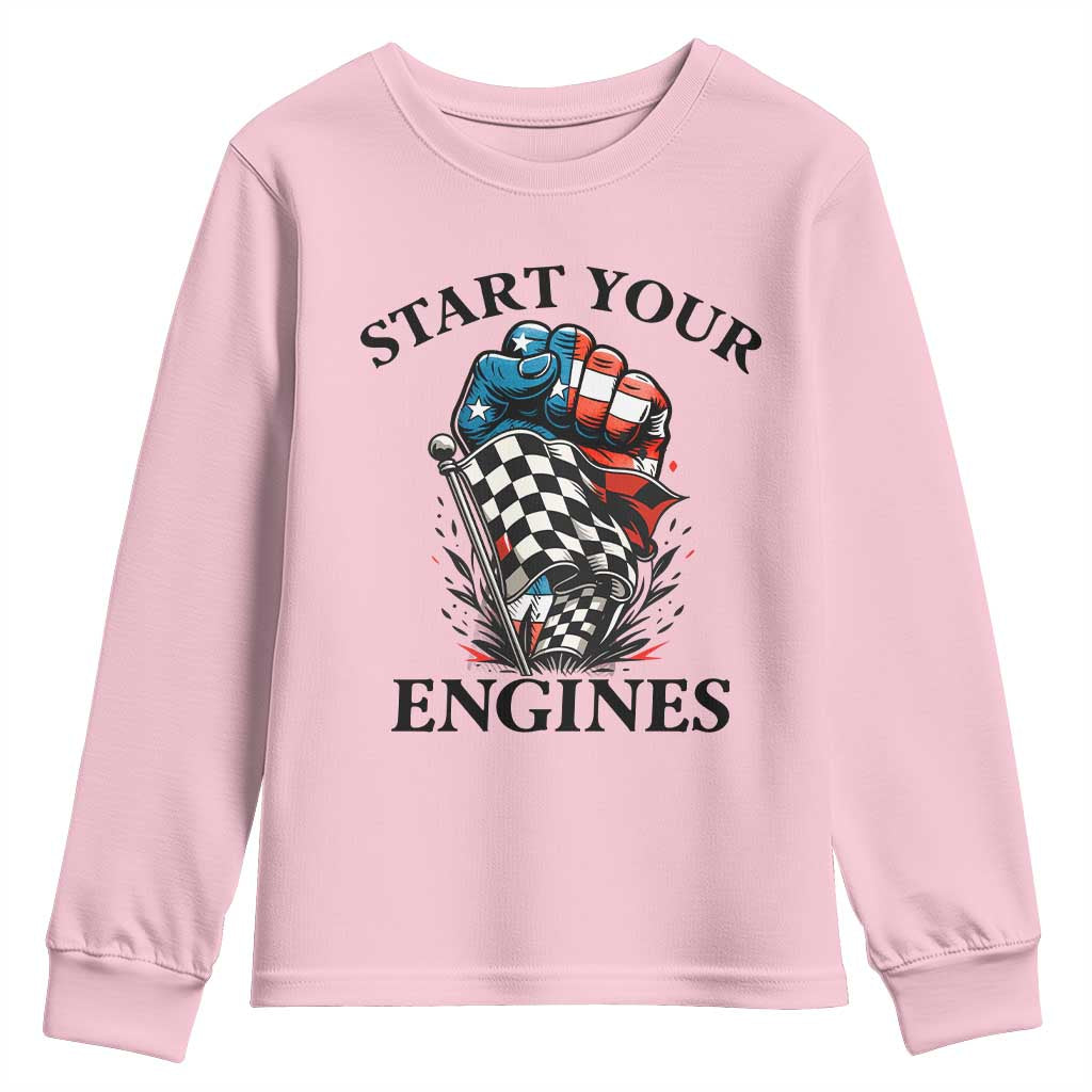 Checkered American Flag Racing Youth Sweatshirt Start Your Engines Race Car - Wonder Print Shop