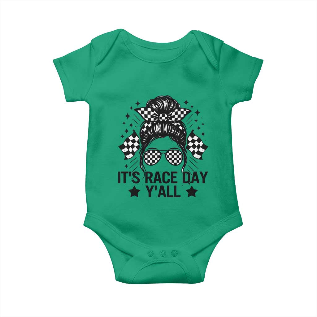 Racing Checkered Flag Messy Bun Race Day Baby Onesie - Wonder Print Shop