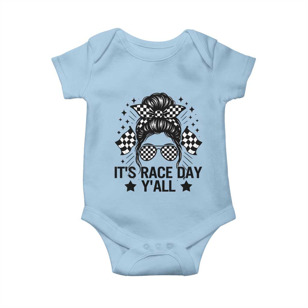 Racing Checkered Flag Messy Bun Race Day Baby Onesie - Wonder Print Shop