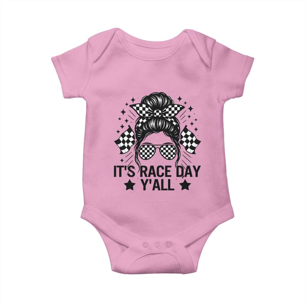 Racing Checkered Flag Messy Bun Race Day Baby Onesie - Wonder Print Shop