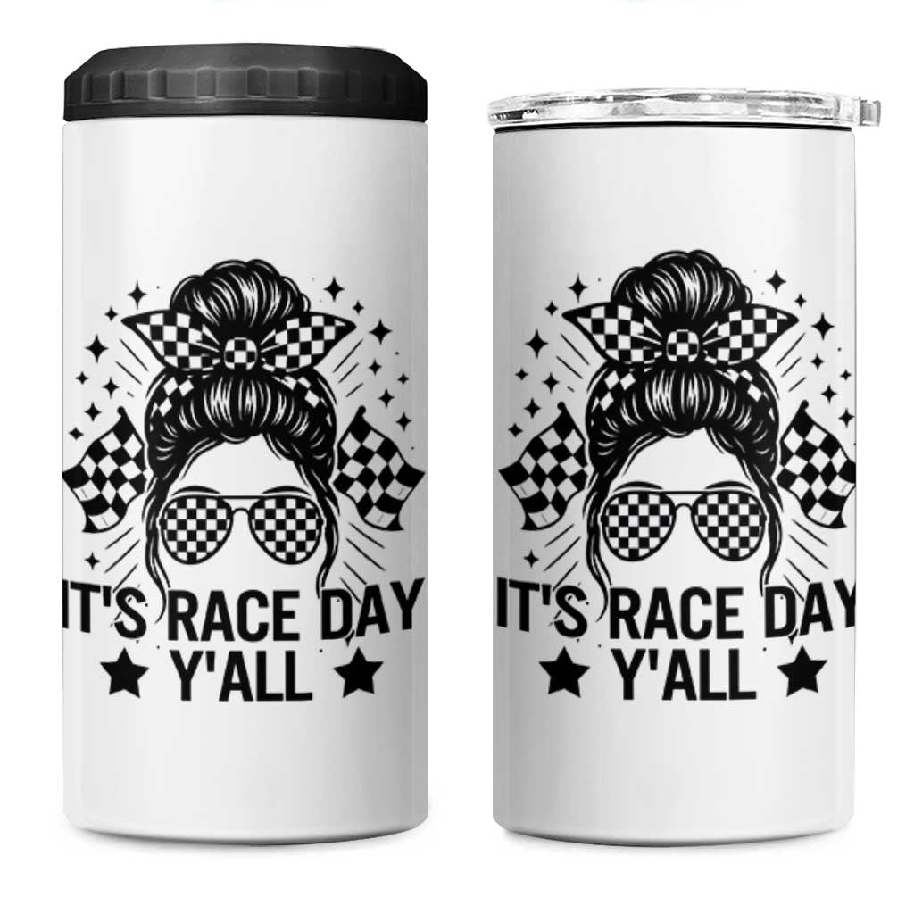 Racing Checkered Flag Messy Bun Race Day 4 in 1 Can Cooler Tumbler