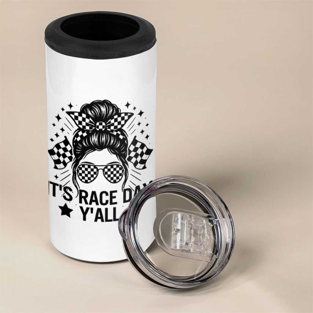 Racing Checkered Flag Messy Bun Race Day 4 in 1 Can Cooler Tumbler