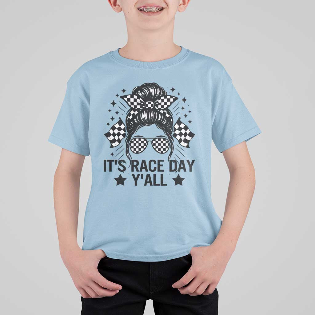 Racing Checkered Flag Messy Bun Race Day T Shirt For Kid - Wonder Print Shop