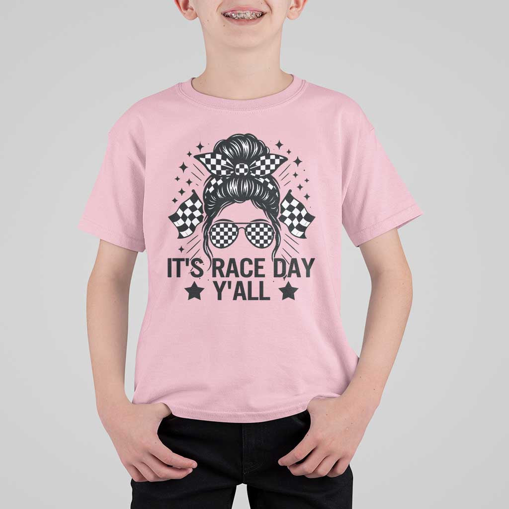 Racing Checkered Flag Messy Bun Race Day T Shirt For Kid - Wonder Print Shop