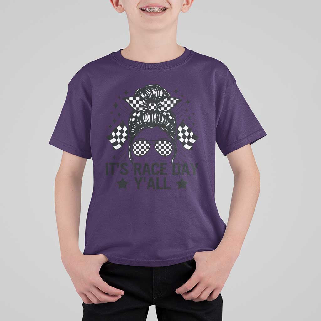 Racing Checkered Flag Messy Bun Race Day T Shirt For Kid - Wonder Print Shop