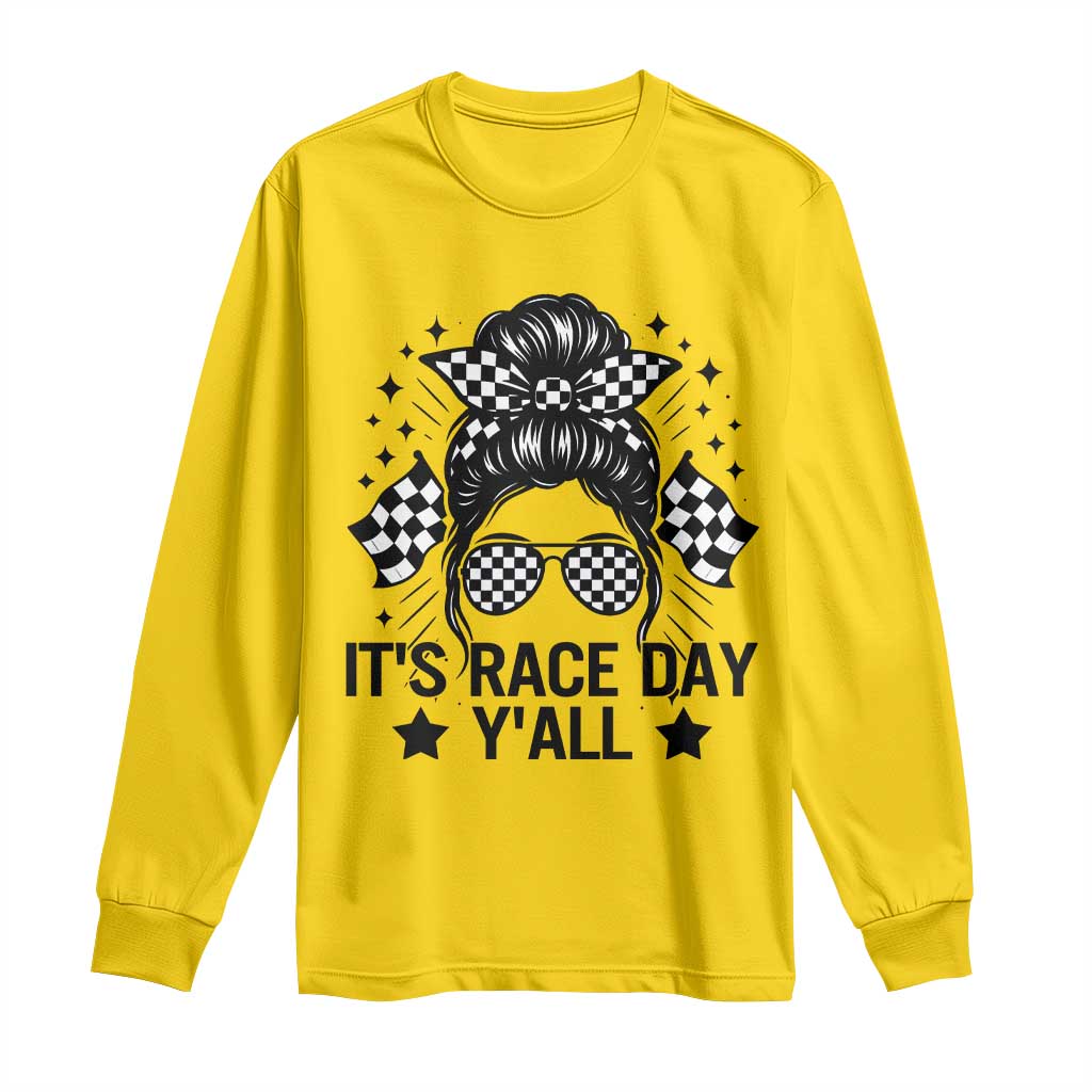 Racing Checkered Flag Messy Bun Race Day Long Sleeve Shirt - Wonder Print Shop