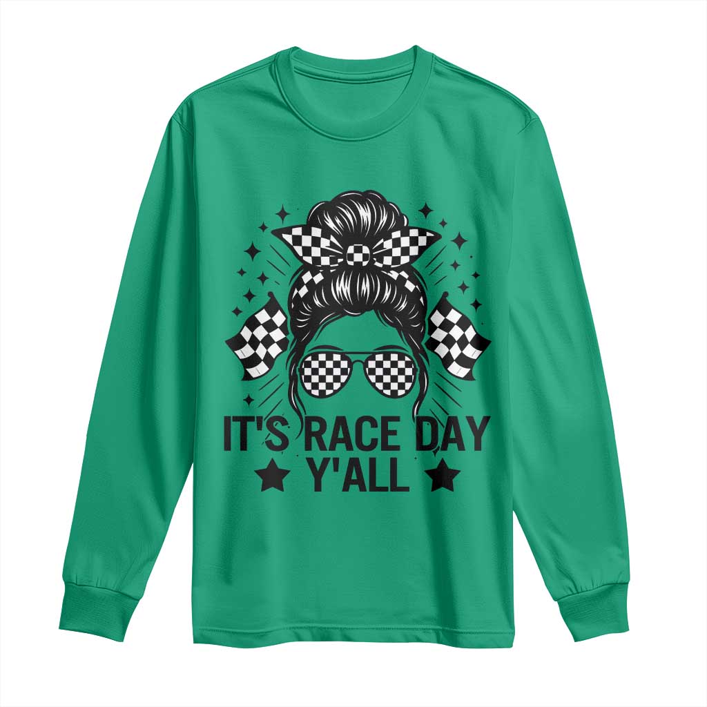 Racing Checkered Flag Messy Bun Race Day Long Sleeve Shirt - Wonder Print Shop