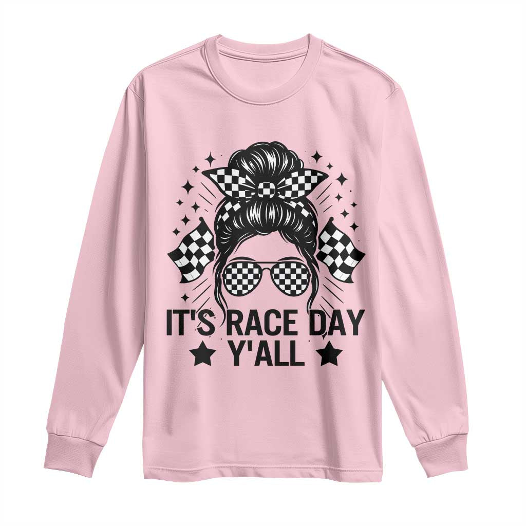 Racing Checkered Flag Messy Bun Race Day Long Sleeve Shirt - Wonder Print Shop
