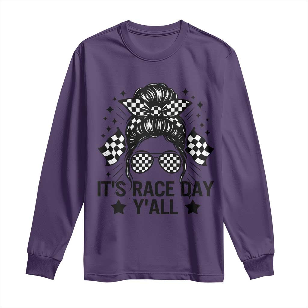 Racing Checkered Flag Messy Bun Race Day Long Sleeve Shirt - Wonder Print Shop