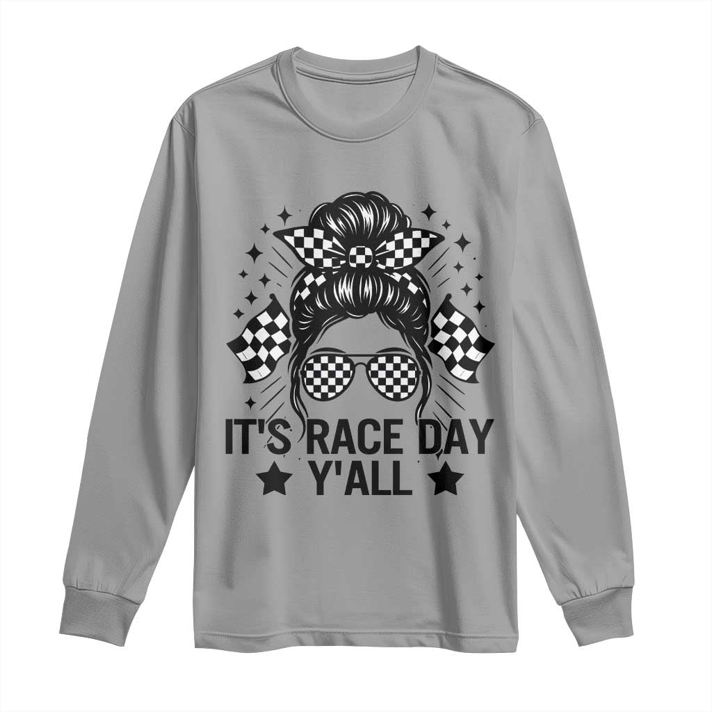 Racing Checkered Flag Messy Bun Race Day Long Sleeve Shirt - Wonder Print Shop