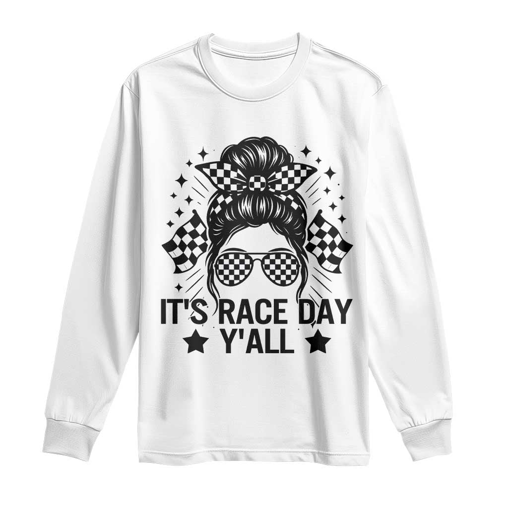 Racing Checkered Flag Messy Bun Race Day Long Sleeve Shirt - Wonder Print Shop
