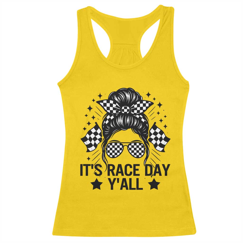 Racing Checkered Flag Messy Bun Race Day Racerback Tank Top - Wonder Print Shop