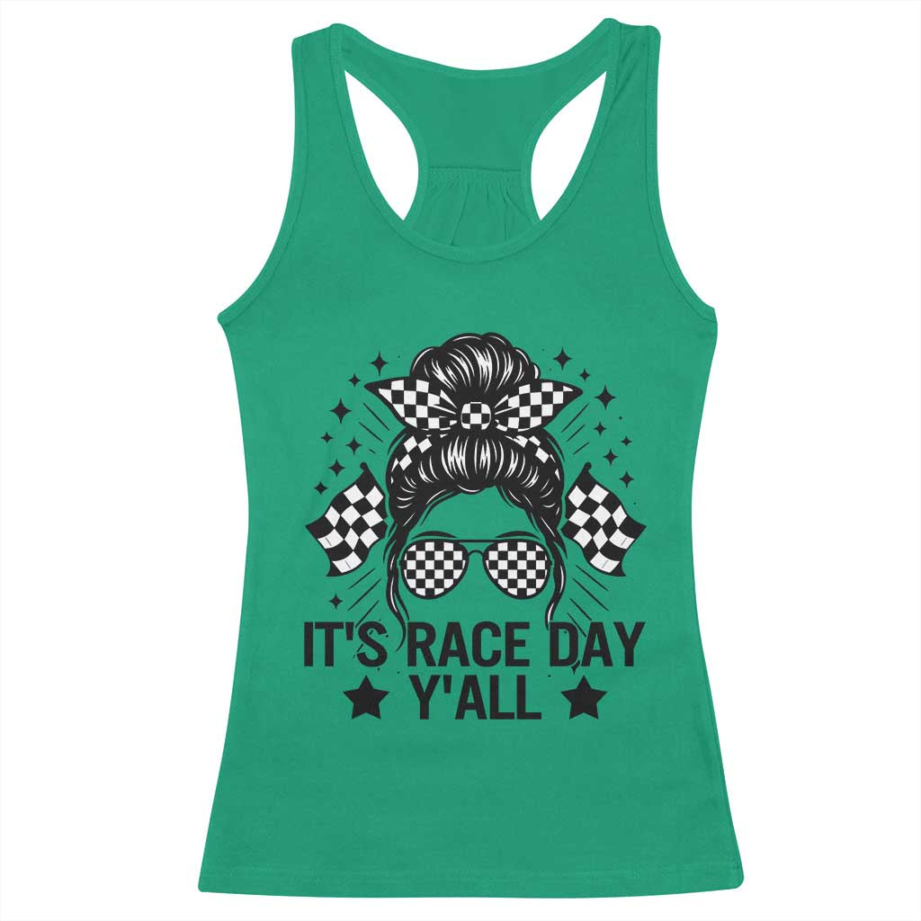 Racing Checkered Flag Messy Bun Race Day Racerback Tank Top - Wonder Print Shop