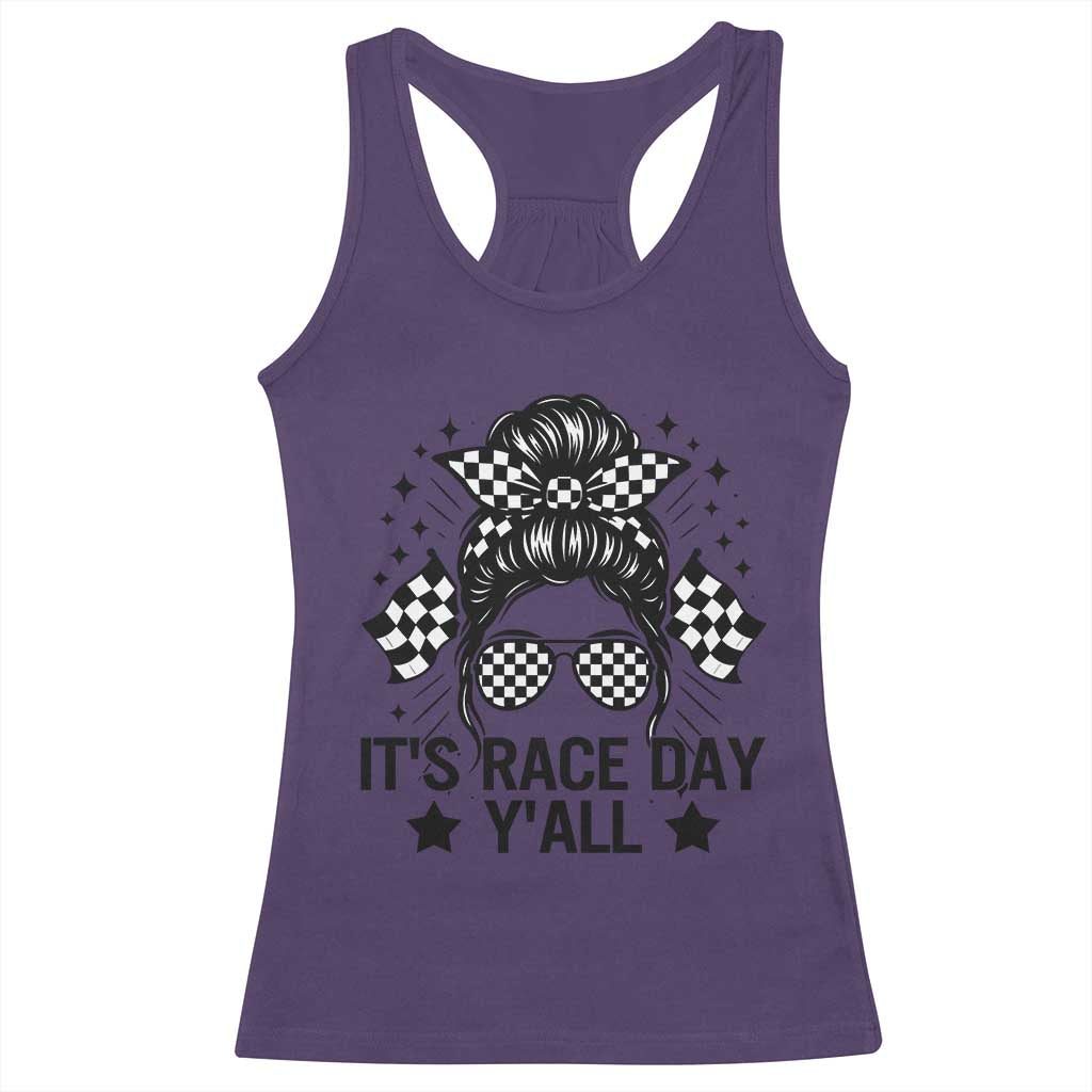 Racing Checkered Flag Messy Bun Race Day Racerback Tank Top - Wonder Print Shop