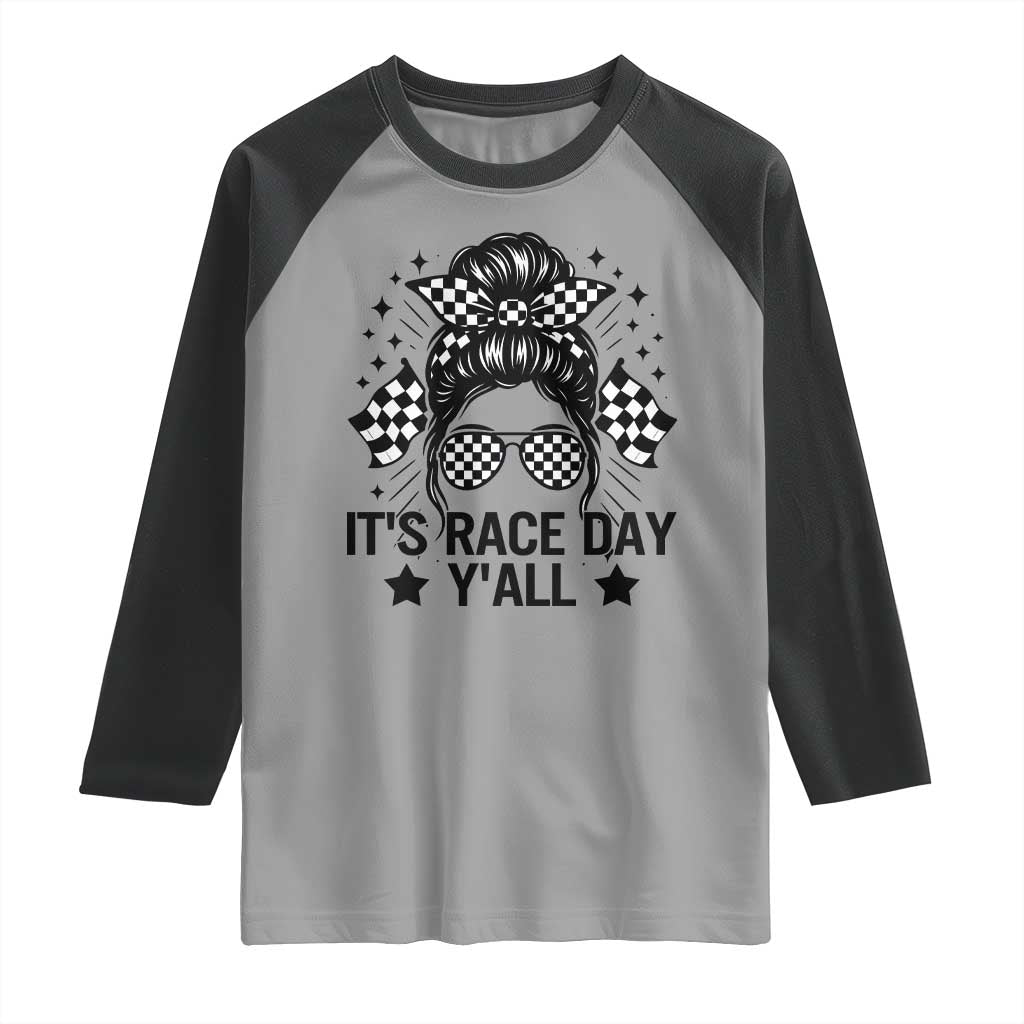 Racing Checkered Flag Messy Bun Race Day Raglan Shirt - Wonder Print Shop