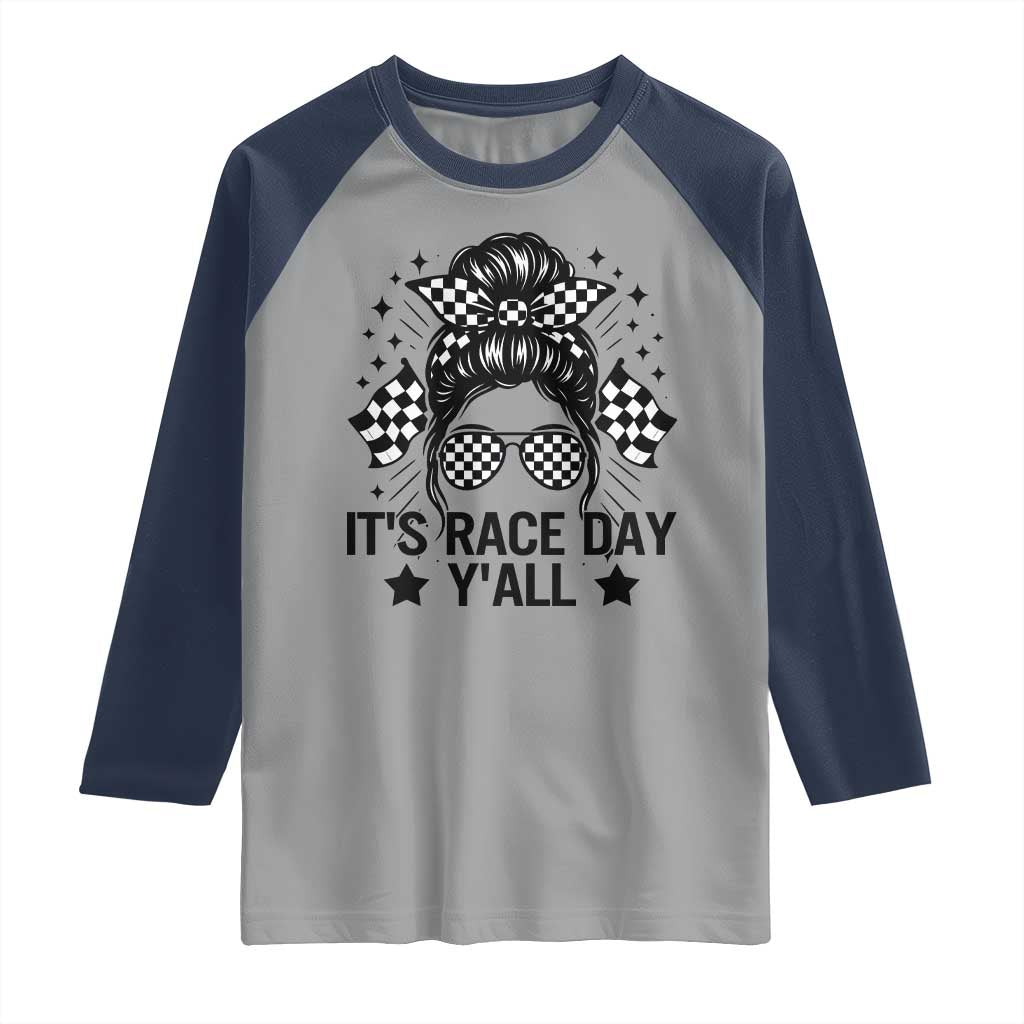 Racing Checkered Flag Messy Bun Race Day Raglan Shirt - Wonder Print Shop