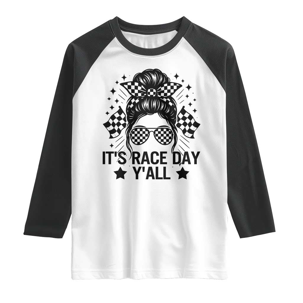 Racing Checkered Flag Messy Bun Race Day Raglan Shirt - Wonder Print Shop
