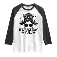 Racing Checkered Flag Messy Bun Race Day Raglan Shirt - Wonder Print Shop