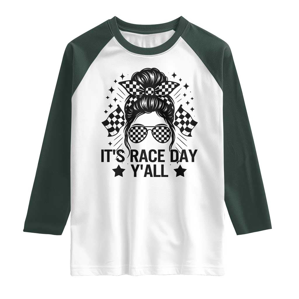Racing Checkered Flag Messy Bun Race Day Raglan Shirt - Wonder Print Shop