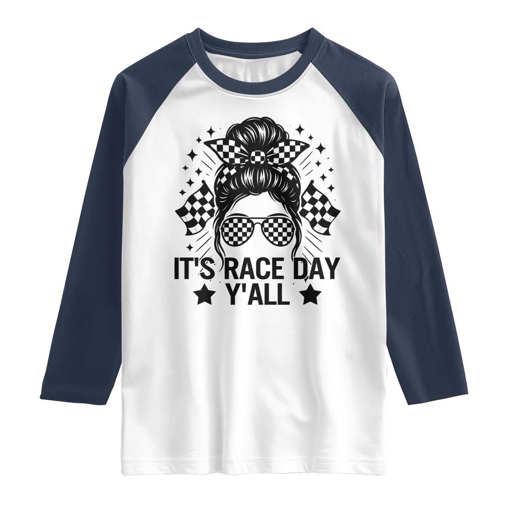 Racing Checkered Flag Messy Bun Race Day Raglan Shirt - Wonder Print Shop