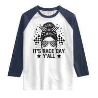 Racing Checkered Flag Messy Bun Race Day Raglan Shirt - Wonder Print Shop