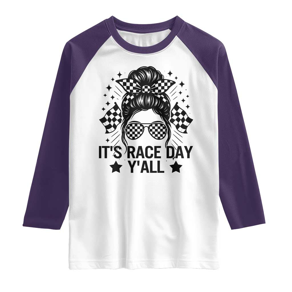 Racing Checkered Flag Messy Bun Race Day Raglan Shirt - Wonder Print Shop