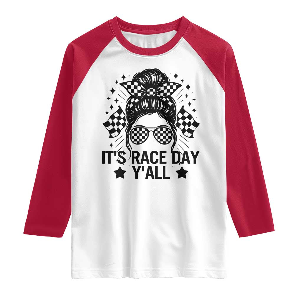 Racing Checkered Flag Messy Bun Race Day Raglan Shirt - Wonder Print Shop