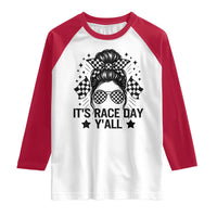 Racing Checkered Flag Messy Bun Race Day Raglan Shirt - Wonder Print Shop
