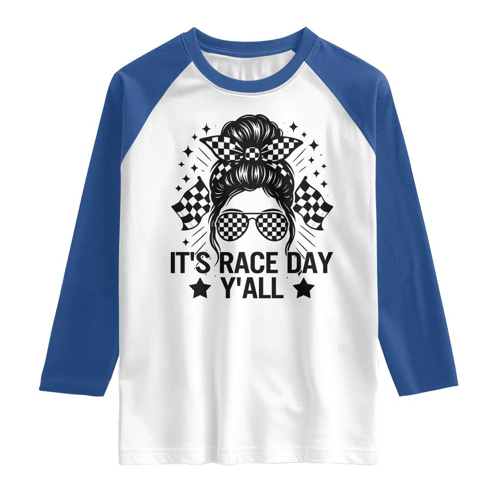 Racing Checkered Flag Messy Bun Race Day Raglan Shirt - Wonder Print Shop
