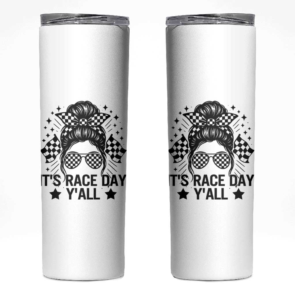 Racing Checkered Flag Messy Bun Race Day Skinny Tumbler