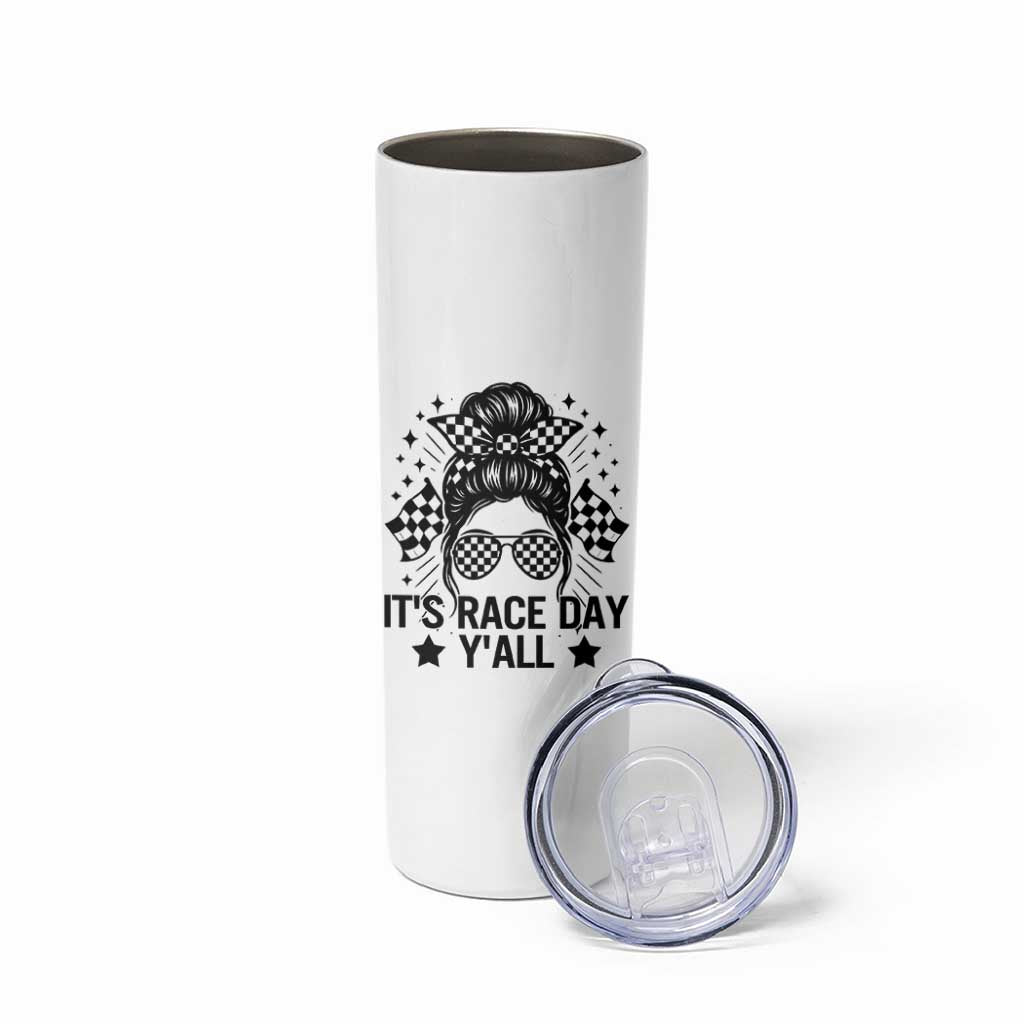 Racing Checkered Flag Messy Bun Race Day Skinny Tumbler