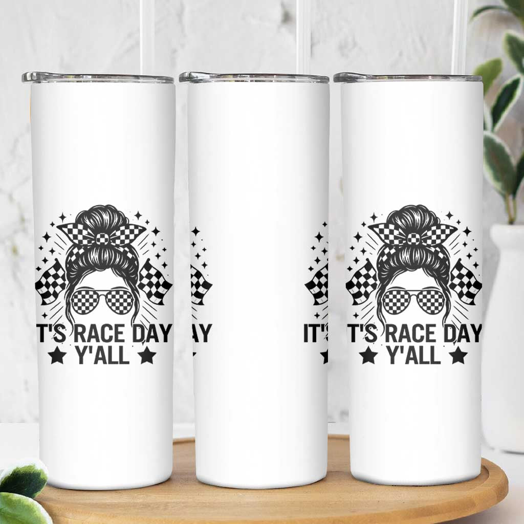Racing Checkered Flag Messy Bun Race Day Skinny Tumbler
