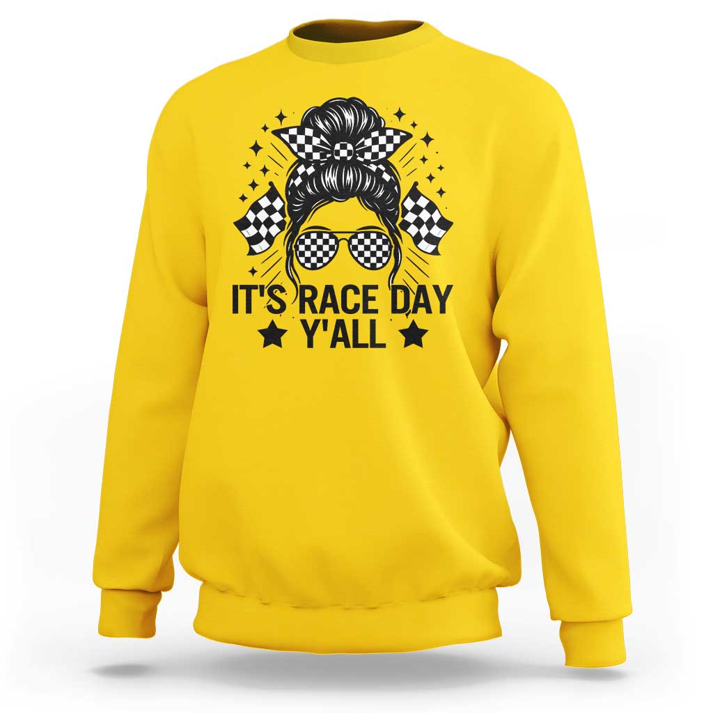 Racing Checkered Flag Messy Bun Race Day Sweatshirt - Wonder Print Shop