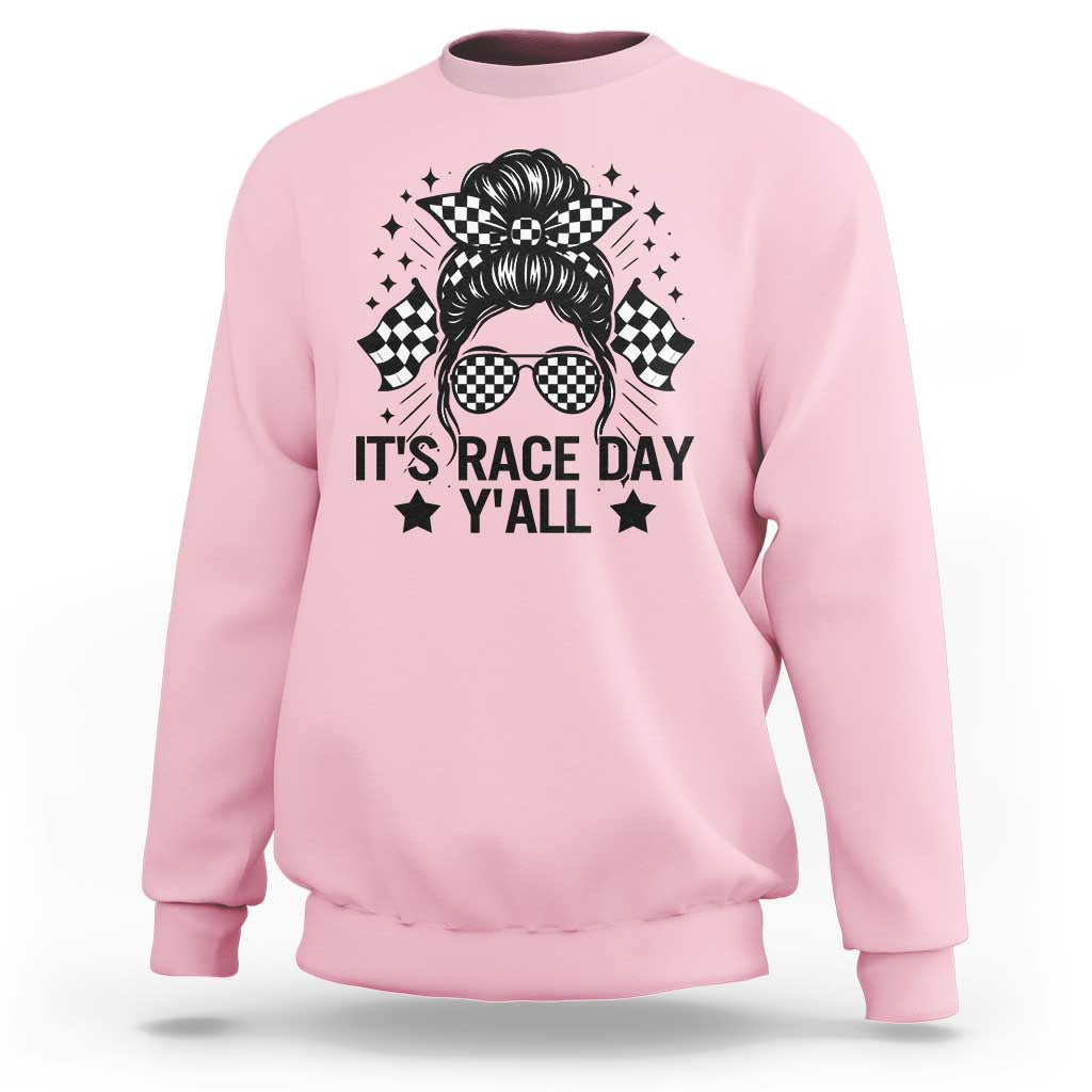 Racing Checkered Flag Messy Bun Race Day Sweatshirt - Wonder Print Shop