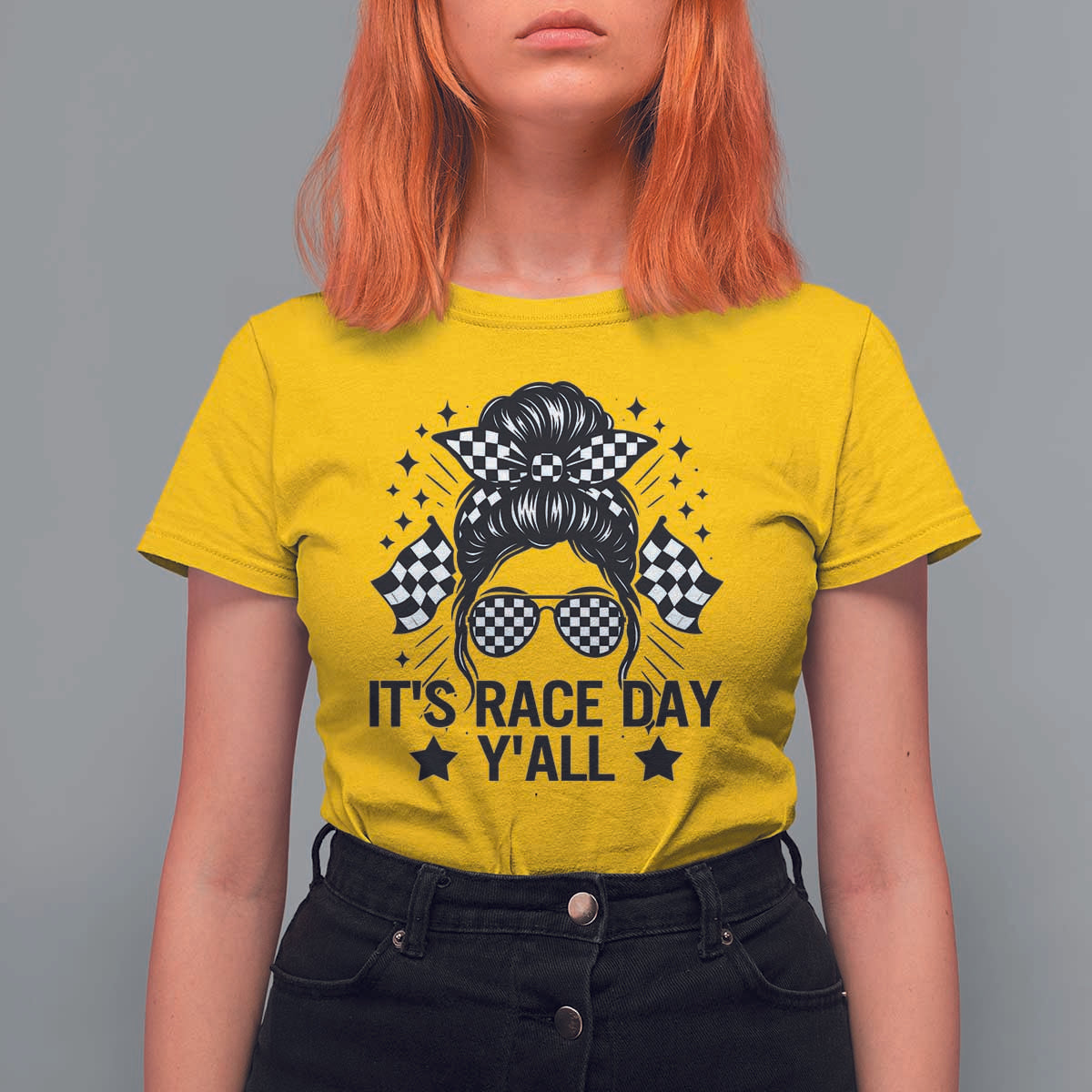 Racing Checkered Flag Messy Bun Race Day T Shirt For Women - Wonder Print Shop