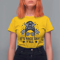 Racing Checkered Flag Messy Bun Race Day T Shirt For Women - Wonder Print Shop