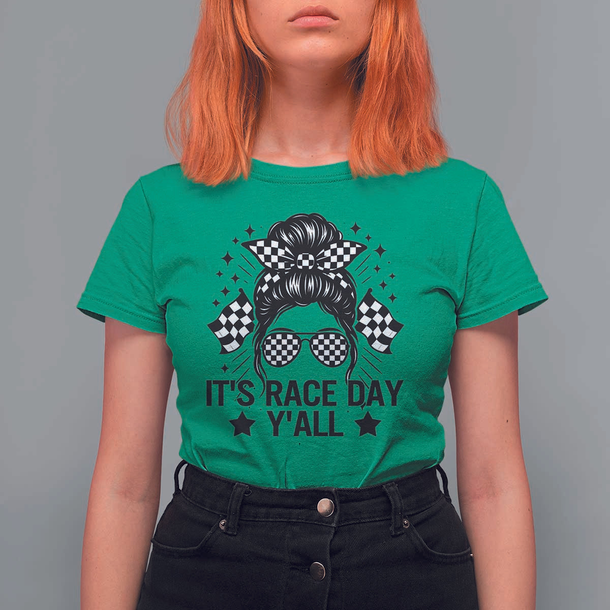 Racing Checkered Flag Messy Bun Race Day T Shirt For Women - Wonder Print Shop
