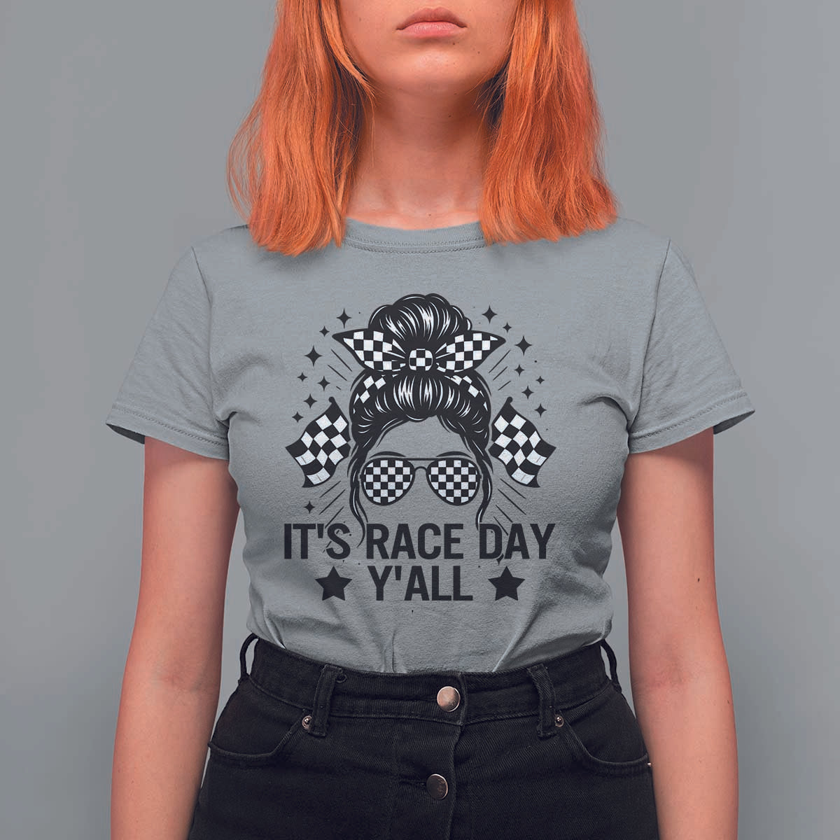 Racing Checkered Flag Messy Bun Race Day T Shirt For Women - Wonder Print Shop