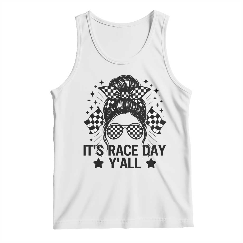Racing Checkered Flag Messy Bun Race Day Tank Top - Wonder Print Shop
