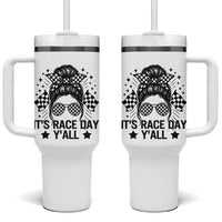 Racing Checkered Flag Messy Bun Race Day Tumbler With Handle