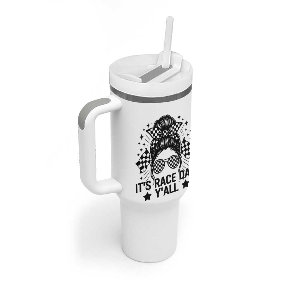 Racing Checkered Flag Messy Bun Race Day Tumbler With Handle