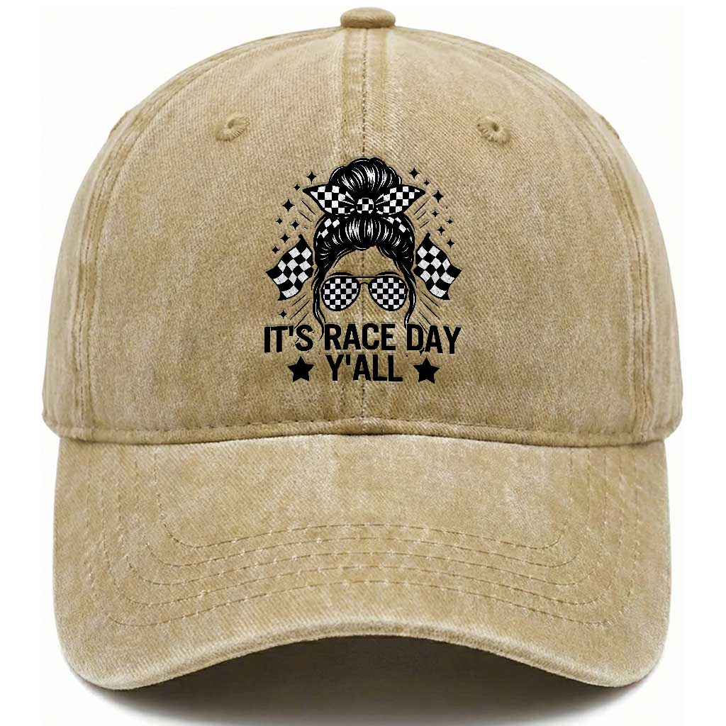 Racing Checkered Flag Messy Bun Race Day Washed Cotton Baseball Cap