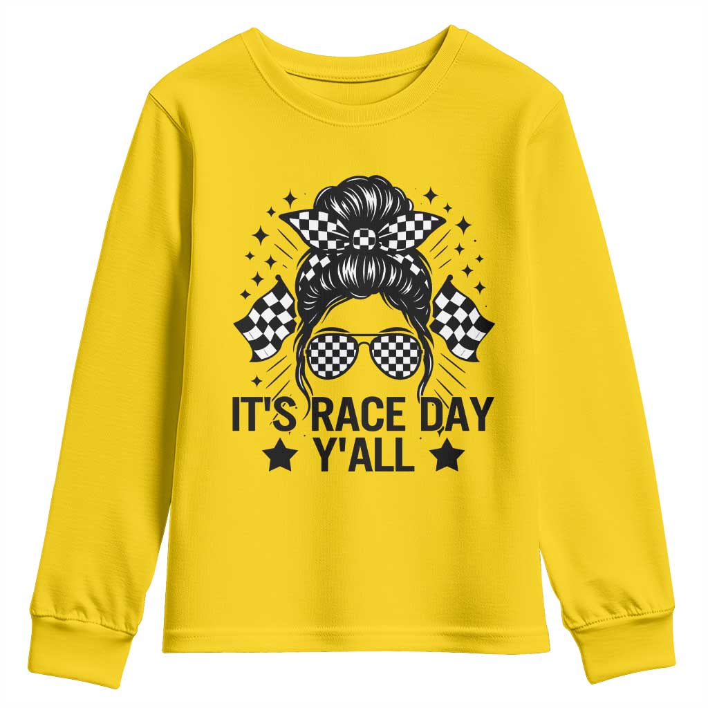 Racing Checkered Flag Messy Bun Race Day Youth Sweatshirt - Wonder Print Shop