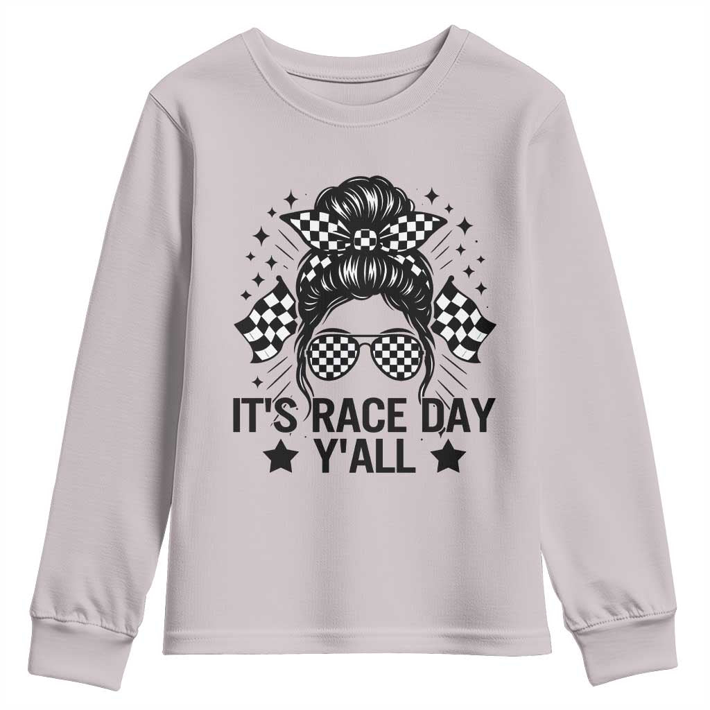 Racing Checkered Flag Messy Bun Race Day Youth Sweatshirt - Wonder Print Shop