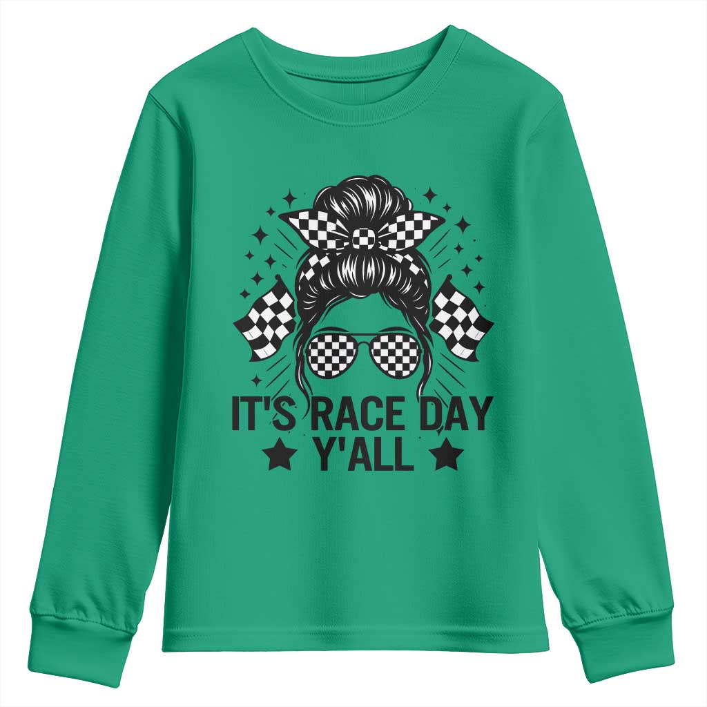 Racing Checkered Flag Messy Bun Race Day Youth Sweatshirt - Wonder Print Shop