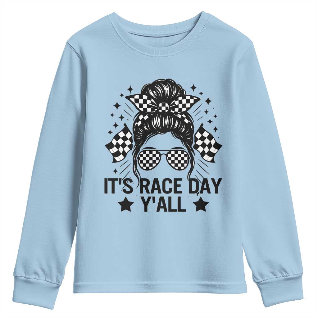 Racing Checkered Flag Messy Bun Race Day Youth Sweatshirt - Wonder Print Shop