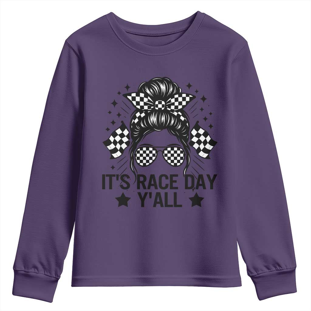 Racing Checkered Flag Messy Bun Race Day Youth Sweatshirt - Wonder Print Shop