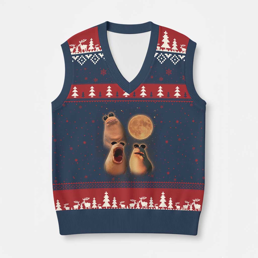 Marcus The Worm Meme V-Neck Knit Sweater Vest Funny Howling At Moon - Wonder Print Shop