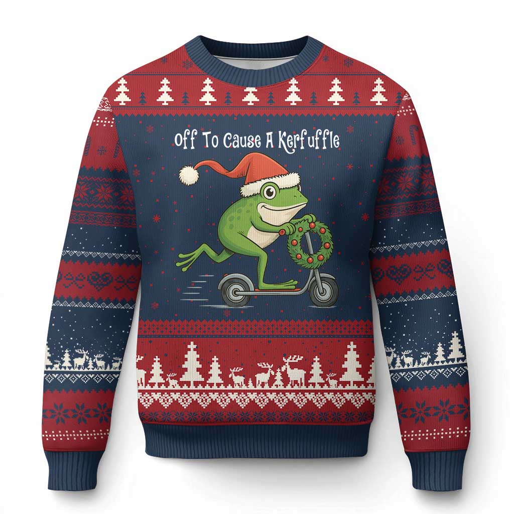 Off To Cause A Kerfuffle Ugly Christmas Sweater Funny Frog Xmas - Wonder Print Shop
